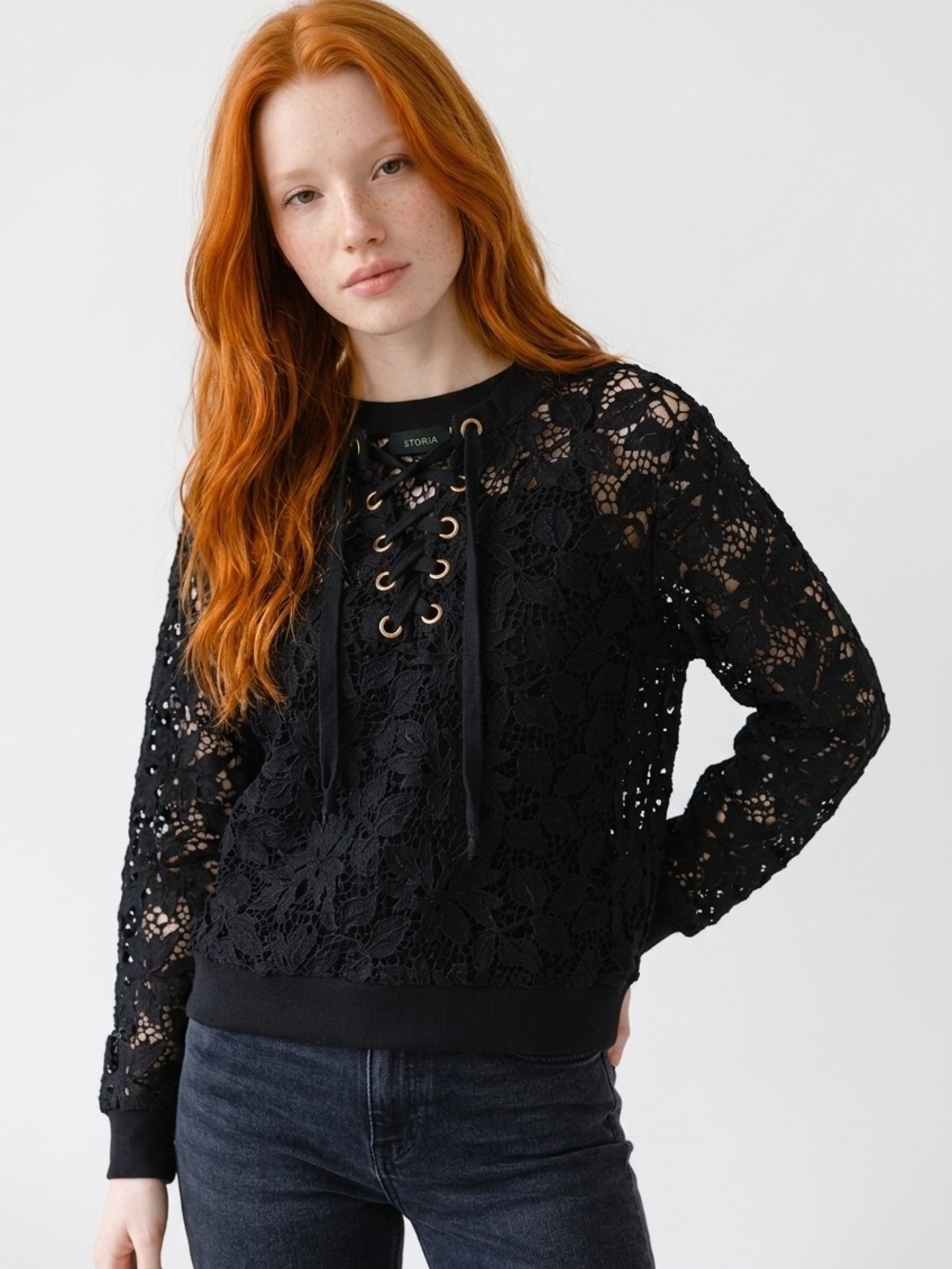 Storia Black Lace-Up Crochet Long Sleeve Pullover Misses Size Medium